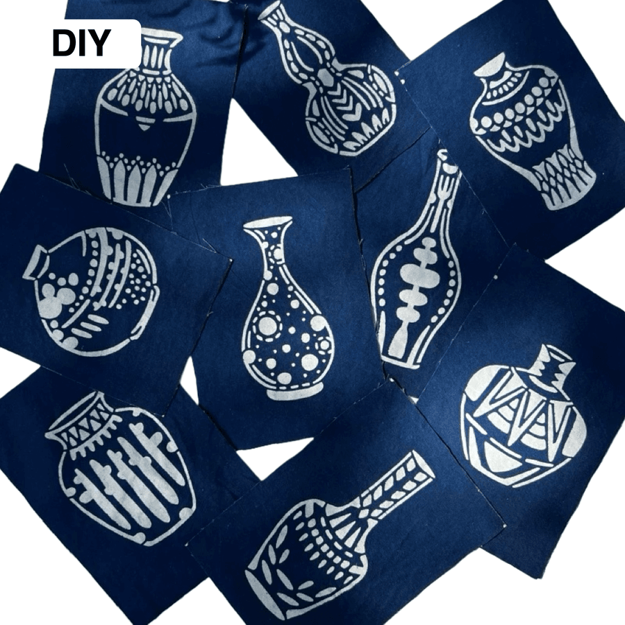 Indigo-dyed Blue Fabric Set Vase Motif (9 Pieces)