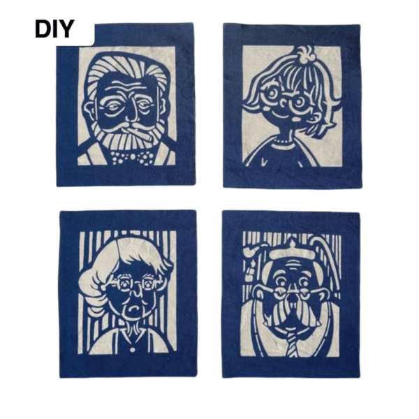 Cute indigo-dyed fabric set with character motifs for DIY crafts